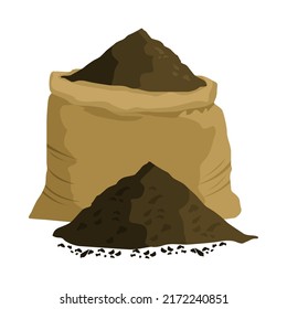 Heap of ground with worms and canvas bag for illustration of soil, organic fertilizer, compost, agriculture. Zero waste theme. Colored flat icon, cartoon vector design.