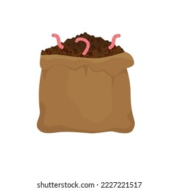 Montón de suelo con gusanos y bolsa de lona para la ilustración del suelo, fertilizante orgánico, compost, agricultura. El tema del desperdicio cero. Icono plano de color, diseño vectorial de dibujos animados. Pasos 10