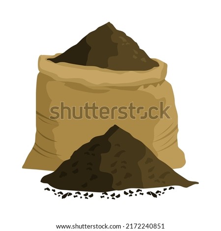 Heap of ground with worms and canvas bag for illustration of soil, organic fertilizer, compost, agriculture. Zero waste theme. Colored flat icon, cartoon vector design.