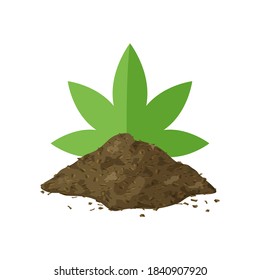 Heap of marijuana grinder. Color clipart of brown hemp powder with green leaf. Cartoon simple illustration. Pile of ground dry flour of plant. Flat isolated vector icon on white background