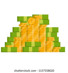 Heap of money. Gold coins in stacks with glitter. Green bills - financial business success. Yellow Treasure. Wealth and earnings. Cash - cartoon flat illustration
