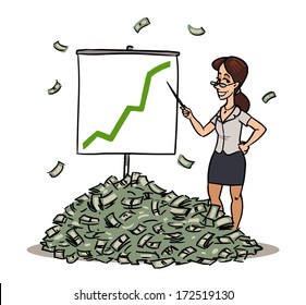 Heap of money. Happy young businesswoman in glasses showing good financial graph  under a money rain