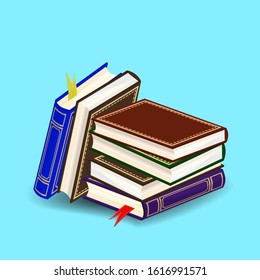 Heap of multi colored books. Isometry. A stack of books in hard binding isolated on a blue background.