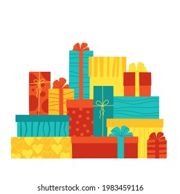 Montón de cajas de regalo multicolores con arcos. Concepto de regalo de cumpleaños, navidad, venta, regalo. Aislado en la ilustración vectorial blanca.