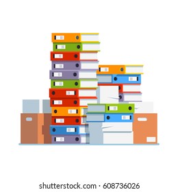 Heap of paper document file folders and cardboard boxes. Huge pile of paperwork. Bureaucracy concept. Flat style isolated vector illustration on white background.