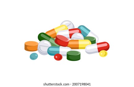 Heap of pills and capsules isolated on a white background. Vector illustration of medical drugs in cartoon flat style.