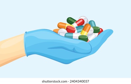 Heap of pills in hand. Treatment with pharmaceutical drugs concept. Vector cartoon illustration.