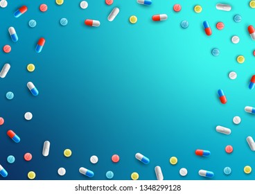 Heap of pills, medical background with copy space. Prescription drugs concept. Vector realistic illustration.