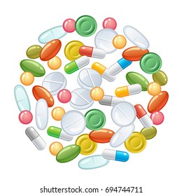 Heap of pills on a white background