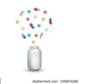 Heap of pills or tablets capsule plastic drugs bottle isolated on a white background. Vector realistic illustration. Medicine for various diseases hospital concept.