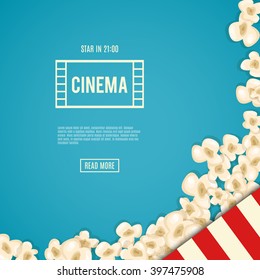 Heap popcorn for movie lies on blue background. Vector illustration for cinema design. Pop corn food pile isolated. Border and frame for film poster flyer. Delicious theater sweet or salted snack.