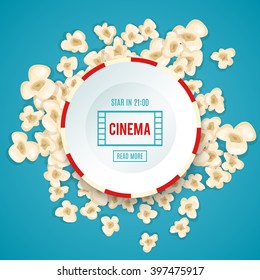 Heap popcorn for movie lies on blue background. Vector illustration for cinema design. Pop corn food pile isolated. Border and frame for film poster flyer. Delicious theater sweet or salted snack.