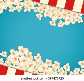 Heap popcorn for movie lies on blue background. Vector illustration for cinema design. Fun sweet food border, frame, flyer, poster, banner. Popcorn wave stripes box. Cinema close-up snack concept.