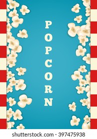 Heap popcorn for movie lies on blue background. Vector illustration for cinema design. Pop corn food pile isolated. Border and frame for film poster flyer. Delicious theater sweet or salted snack.