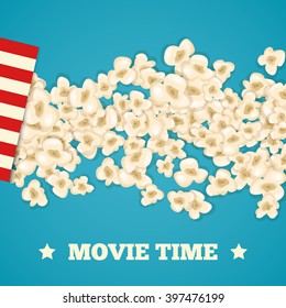 Heap popcorn for movie lies on blue background. Vector illustration for cinema design. Pop corn food pile isolated. Border and frame for film poster flyer. Delicious theater sweet or salted snack.