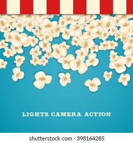 Heap popcorn for movie lies on blue background. Vector illustration for cinema design. Pop corn food pile isolated. Border and frame for film poster flyer. Delicious theater sweet or salted snack.