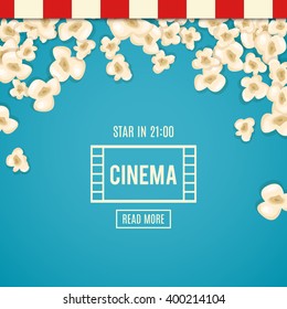 Heap popcorn for movie lies on blue background. Vector illustration cinema design. Pop corn food pile isolated. Border and frame film poster flyer. Delicious theater sweet or salted snack.