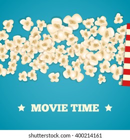 Heap popcorn for movie lies on blue background. Vector illustration cinema design. Pop corn food pile isolated. Border and frame film poster flyer. Delicious theater sweet or salted snack.