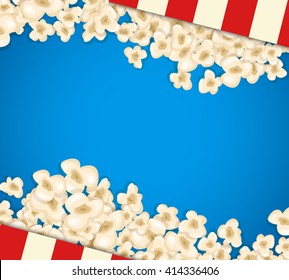 Heap popcorn for movie lies on blue background. Vector illustration for cinema design. Pop corn food pile isolated. Border and frame for film poster flyer. Delicious theater sweet or salted snack.