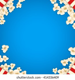 Heap popcorn for movie lies on blue background. Vector illustration for cinema design. Pop corn food pile isolated. Border and frame for film poster flyer. Delicious theater sweet or salted snack.