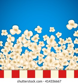 Heap popcorn for movie lies on blue background. Vector illustration for cinema design. Pop corn food pile isolated. Border and frame for film poster flyer. Delicious theater sweet or salted snack.