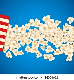 Heap popcorn for movie lies on blue background. Vector illustration cinema design. Pop corn food pile isolated. Border and frame film poster flyer. Delicious theater sweet or salted snack.