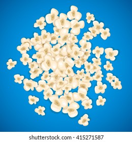 Heap popcorn for movie lies on blue background. Vector illustration cinema design. Pop corn food pile isolated. Border and frame film poster flyer. Delicious theater sweet or salted snack.