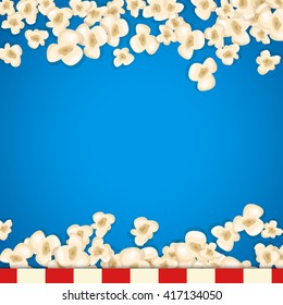 Heap popcorn for movie lies on blue background. Vector illustration for cinema design. Pop corn food pile isolated. Border and frame for film poster flyer. Delicious theater sweet or salted snack.