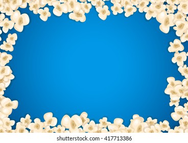 Heap popcorn for movie lies on blue background. Vector illustration for cinema design. Pop corn food pile isolated. Border and frame for film poster flyer. Delicious theater sweet or salted snack.