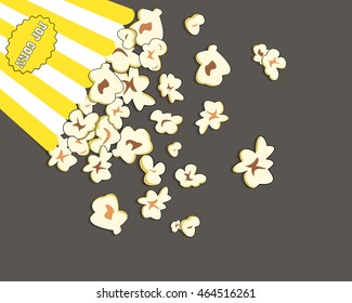 Heap popcorn for movie lies on grey background. Vector illustration for cinema design advertise. Food pile isolated. Border, frame for film poster flyer. Delicious theater sweet or salted snack.