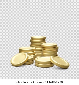 Heap realistic gold coin isolated on transparent background. Golden coin stack. Vector illustration