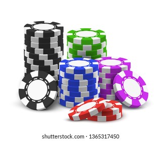 Heap of red and blue, black and violet, green realistic betting chips. Stack of casino money or pile, tower of gambling cash. Banner for online or internet gambling site. Bet and gamble, game theme