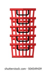 Heap of red shopping baskets. Plastic shopping baskets stacked. Isolated object in flat design on white background.