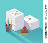 Heap of research documents. Two stacked paper piles accompanied by official stamp, pens and pencils. Bureaucracy concept. Flat style vector illustration. 