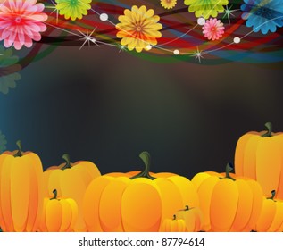 Heap of ripe pumpkins and flowers on the sparkling festive background