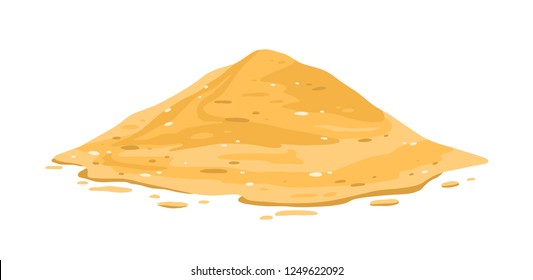 Heap of sand isolated on white background. Sandy dune in desert or at beach, construction or manufacturing material. Decorative design element. Colorful vector illustration in flat cartoon style.