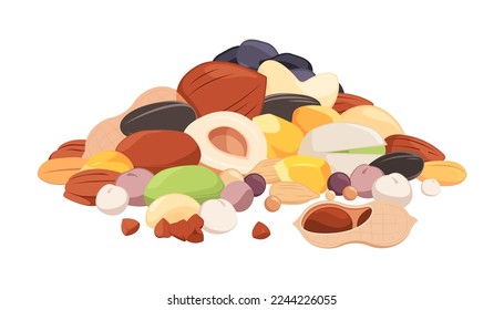 Heap of seeds. Cartoon mix of green raw garden grains flat style, natural organic plant pile harvesting concept vegan vegetarian food. Vector illustration of heap seed and nuts isolated