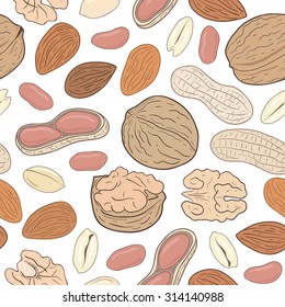 Heap of shelled and whole walnuts, peanuts and almonds. Vector seamless pattern. 