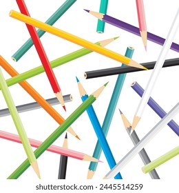 Heap of simple vector color pencils randomly distributed on white background