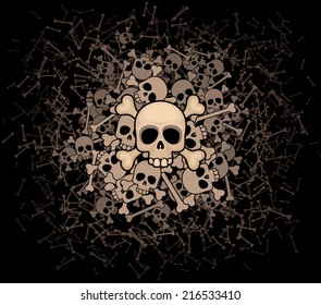 Heap of skulls and bones on dark background. Eps8. CMYK. Global colors. Gradients free.