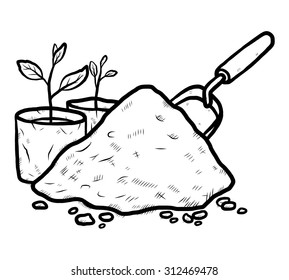 heap of soil with young plant in plastic bag / cartoon vector and illustration, black and white, hand drawn, sketch style, isolated on white background.