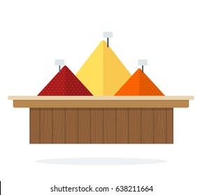 Heap of spices on the wood counter flat material design isolated on white