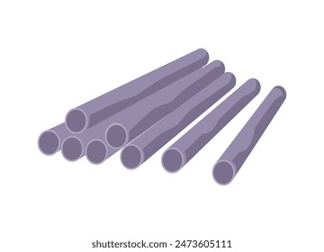 Heap of stainless steel pipes, metal long cylindrical tubes vector flat illustration. Construction material for building industry and engineering isolated on white