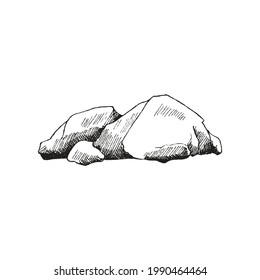 Montón de piedras, grandes rocas pesadas, rocas de granito. Ilustración vectorial con un estilo grabado en blanco.