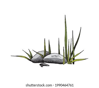 Heap of stones, big heavy boulders, granite rocks with grass. Color sketch hand drawn vector illustration on white.