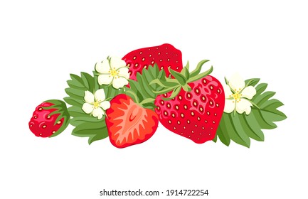Un montón de fresa. Ilustración vectorial de la baya madura roja con hojas verdes y flores aisladas en fondo blanco. Frutas jugosas al estilo plano de las caricaturas.