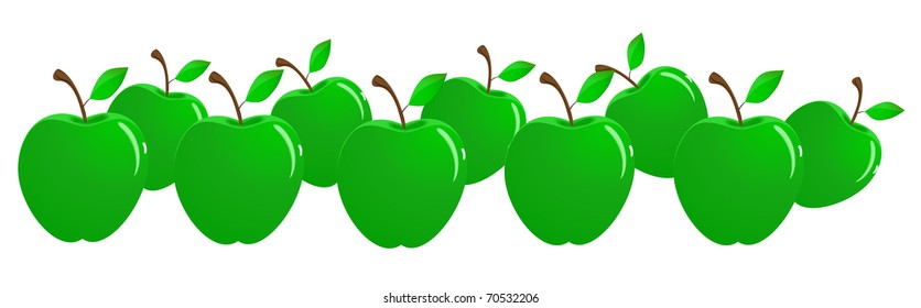 Heap of the stylized green apples scattered on a white background