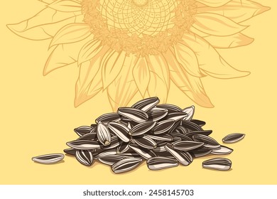 Heap of sunflower seeds. Elements for creating posters or advertising for a health food store. Vegetarian ingredients for cooking. Sunflower seeds for oil. Background with a pattern. Farm products