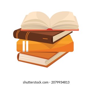 Heap textbooks. Cartoon pile objects of academic knowledge for cover, vector isolated on white background