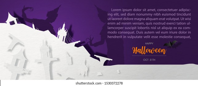 Heap of Thai spirit house broken in paper cut and example texts on silhouette Thai dancing ghosts and violet background. Thai spirit house and Thai dancing ghost is a terrifying ghost in Thailand.